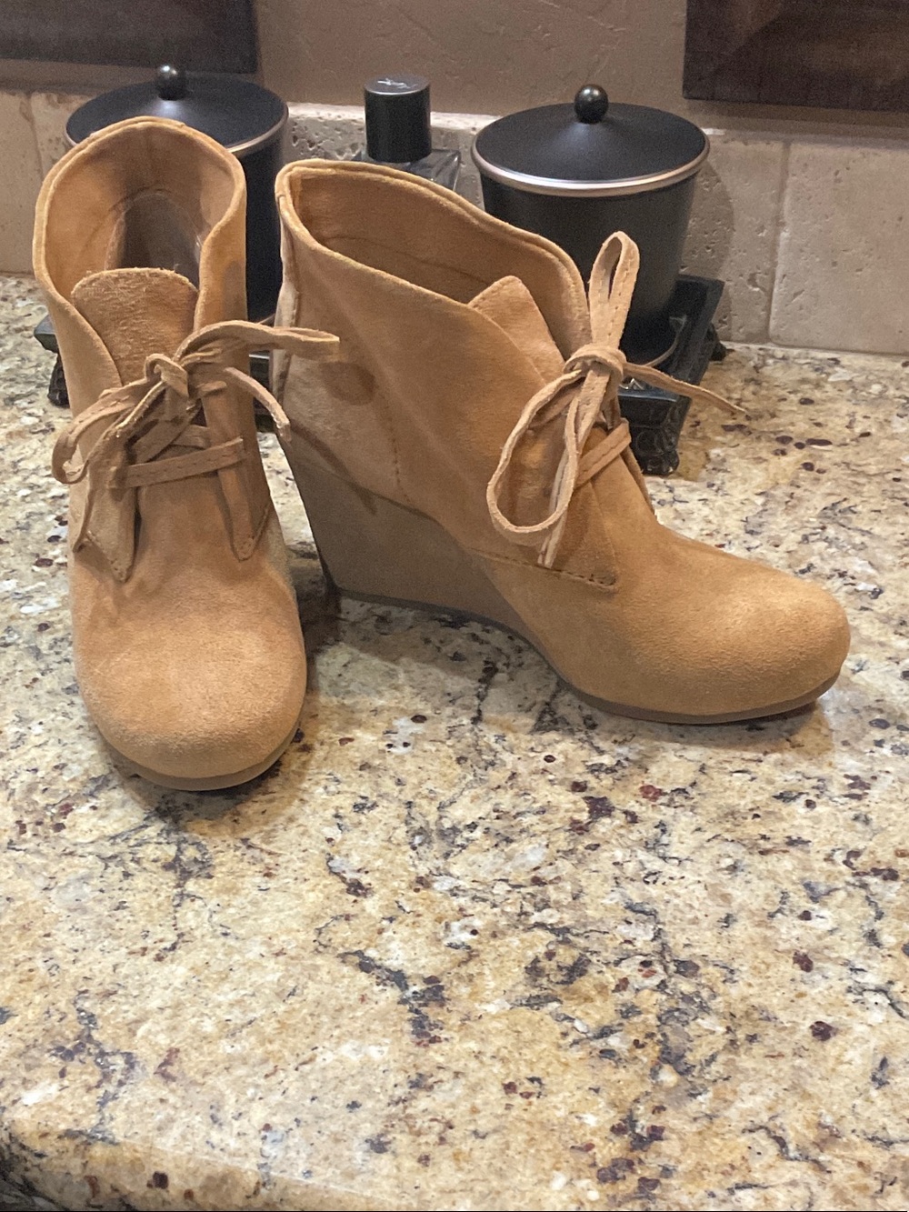 Gianni Bini Tan Suede Lace-Up Wedge Booties